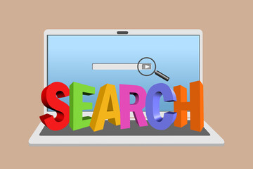 Concept of web search created with Search 3d text on laptop.