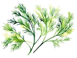 Obraz premium Vibrant and charming watercolor of a fresh dill sprig against a clean white background This botanical graphic element is perfect for use in culinary food and kitchen themed designs packaging