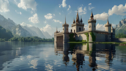 Obraz premium Majestic medieval castle on a calm lake with mountains in the background.