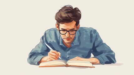 A focused young man writing in a notebook while wearing glasses, symbolizing study, creativity, and academic pursuits.