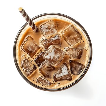 Top View of Iced Coffee Beverage with Glass and Straw on White Background