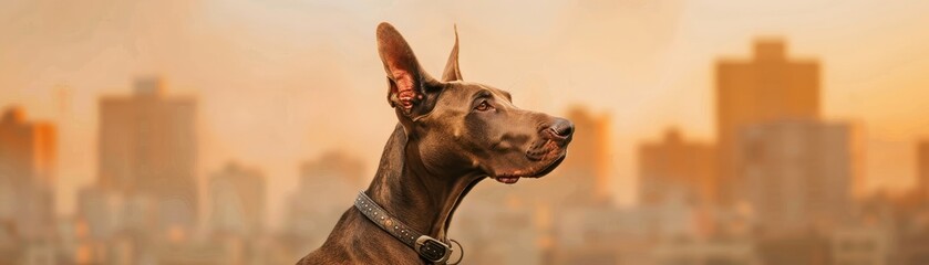 A majestic dog silhouette against a vibrant urban sunset, showcasing strength and loyalty in its profile.