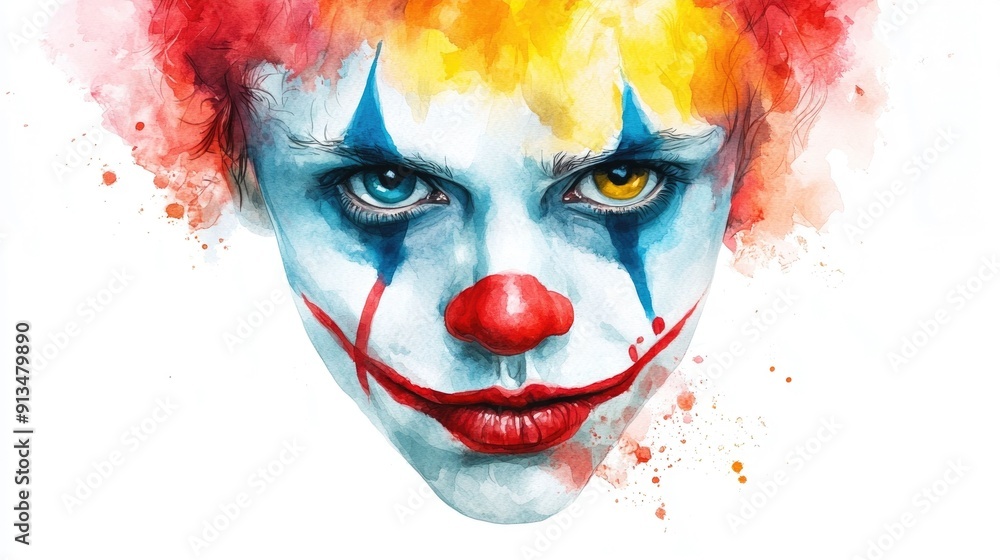 Poster Vibrant and whimsical watercolor of a playful circus clown character created with a creative and imaginative style for use in festive entertainment and children s design projects