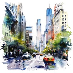 Watercolor painting of a charming city road with old-fashioned streetcars, on isolated white background