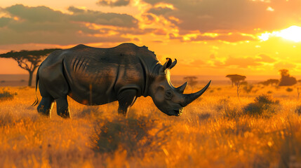 Fototapeta premium White rhinoceros walking through tall grass at sunset.