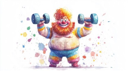 Watercolor depicting a muscular athletic circus character lifting heavy weights against a plain white background  The strongman figure showcases impressive physical strength and prowess in a style