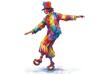 Vibrant watercolor of a playful carefree unicyclist character balancing on a unicycle against a plain white background  The circus inspired figure is captured in a dynamic graceful pose