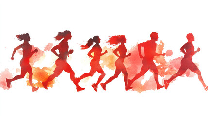 Obraz premium Red watercolor painting of a group people exercise workout together