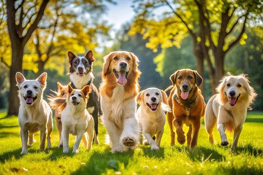 celebrating International Dog Day, featuring a variety of dog breeds playing together in a sunny park.