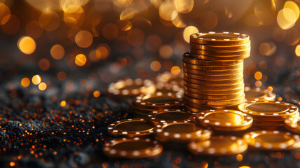 Casino game poker gambling Stack of golden poker chips on luxury background. Elegant style for casino, game design, flyer, poster, banner, web, advertising, poker - winner, wealth concept