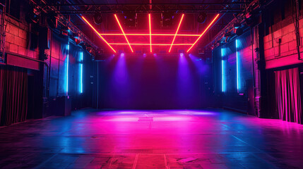 Naklejka premium A large empty stage with neon lights and a red and blue curtain