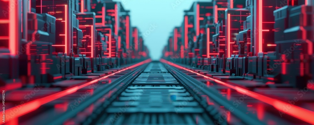 Poster futuristic digital landscape with glowing red lines and blurred data structures creating an immersiv