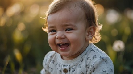 Fototapeta premium Closeup portrait of beautiful laughing smiling cute baby on blurry background. Funny childhood infant concept