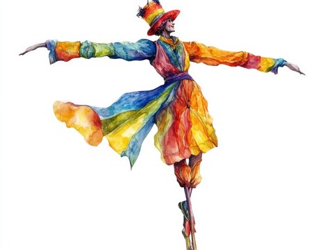 Playful stilt walker circus character in a vibrant watercolor tall on an isolated white background  This quirky and imaginative digital graphic depicts a fantastical acrobat figure with a whimsical