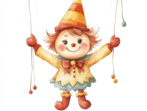 Charming and whimsical watercolor of a cute circus puppet character on strings isolated on a clean white background  This playful and imaginative graphic design can be used for children s products