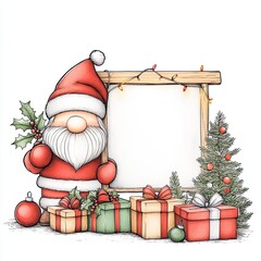 Fototapeta premium Santa Gnome with Blank Sign and Christmas Decorations, Cute Santa gnome holding a blank sign, surrounded by Christmas tree, presents, and holly, perfect for festive holiday messages. 