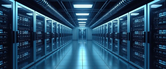 Fototapeta premium Server Room Corridor with Blue Lighting.