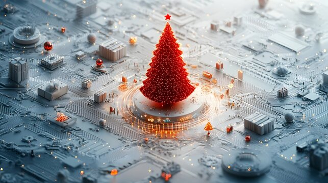 Glowing 3D Christmas Tree with Data and Icons on White and Grey Background