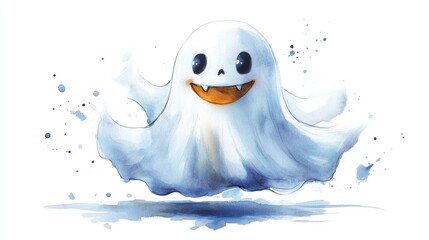 Obraz premium Whimsical and Friendly Watercolor Ghost Character Smiling and Appearing Cheerful on a White Background This Cute and Adorable Ghostly is Perfect for Halloween Designs