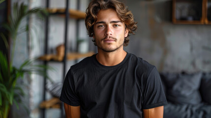 A man with a beard and long hair is wearing a black shirt and standing in front of a plant