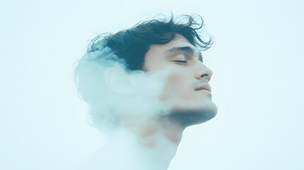 Toxic smog covering a man's head as cloud, in double exposure. Air quality pollution-inspired imagery, isolated on a background, the critical environmental concern, climate crisis, and health issues.