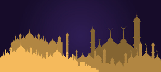 Muslim Cityscape. Mosque Building Religion Flat Vector Illustration. Arabian city black silhouette vector