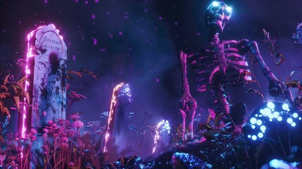 A glowing skeleton stands in a graveyard with a tombstone, surrounded by glowing flowers, lit up by an ethereal light source.