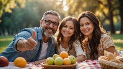 Cheerful family making selfie on picnic