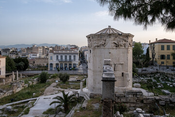 Sunrise view of the Roman Agora in Athens' Old Town, showcasing the Tower of the Winds, an...