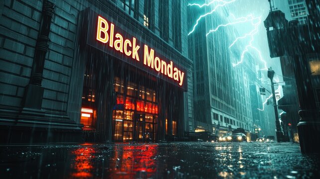 Black Monday stock market crash sign in the rain with lightning striking financial district