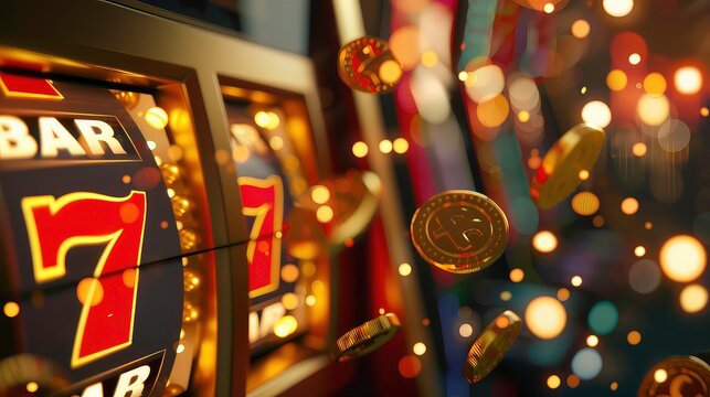 A close-up of a slot machine with the number seven showing on the reels, with gold coins falling from the top.
