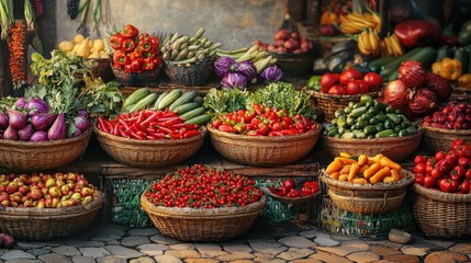 Fototapeta premium High-resolution image of a colorful vegetable market, with vibrant produce neatly arranged in baskets. The scene includes various vegetables and fruits, showcasing the freshness and abundance 