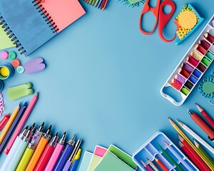 Fototapeta premium Digital flat lay of colorful school supplies on a blue background, with space for text, soft shadows, clear and vibrant.