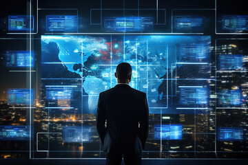 Businessman analyzing and visualizing complex information on an interactive screen