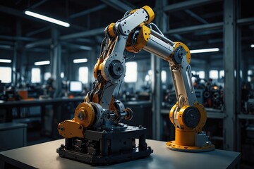 Automation, robotics engineer working on mechanical system of robotic arm. Concept of modern technology in industries, automated processes, automotive