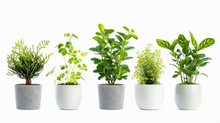 Obraz premium Set of Green houseplants in white cement pots isolated on white background.