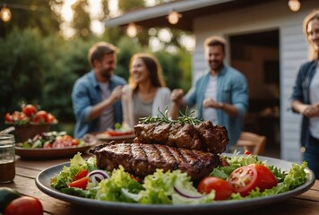 Backyard Dinner Table with Tasty Grilled Barbecue Meat, Fresh Vegetables and Salads. Happy Joyful People Dancing to Music, Celebrating and Having Fun in the Background on House Porch