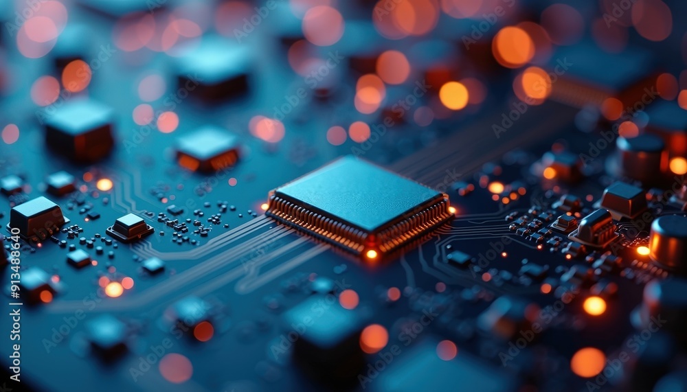 Poster closeup of a computer chip on a circuit board.