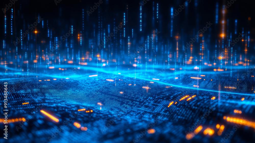 Poster futuristic digital binary matrix data flow with glowing blue and orange elements illustrating comple