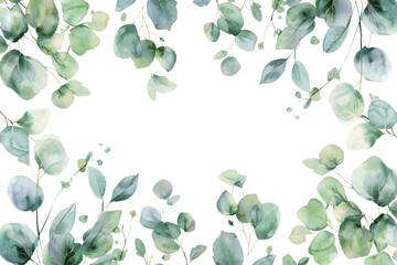 Watercolor frame with green eucalyptus leaves and branches. Hand drawn isolated on transparent background.