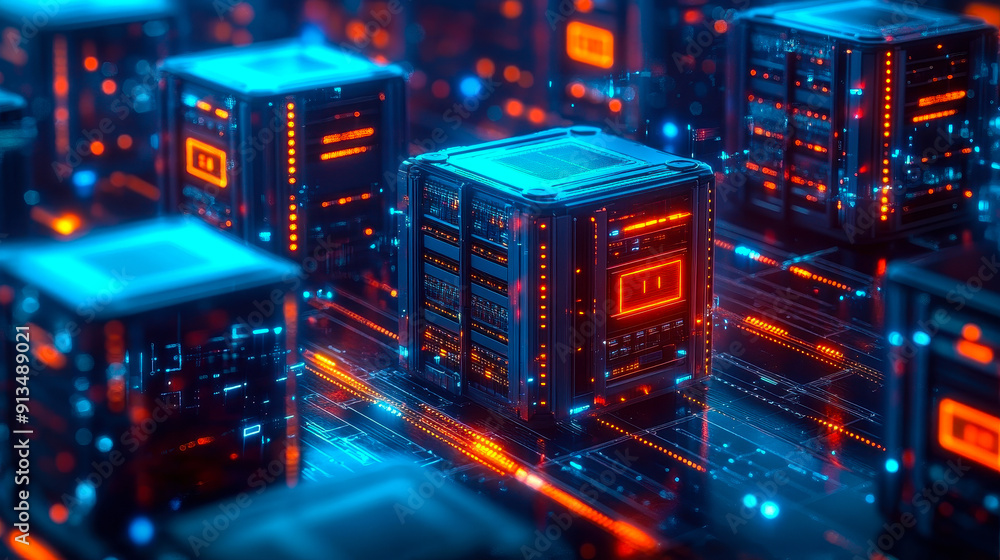 Poster futuristic container orchestration platform with kubernetes clusters in data center, ai technology a