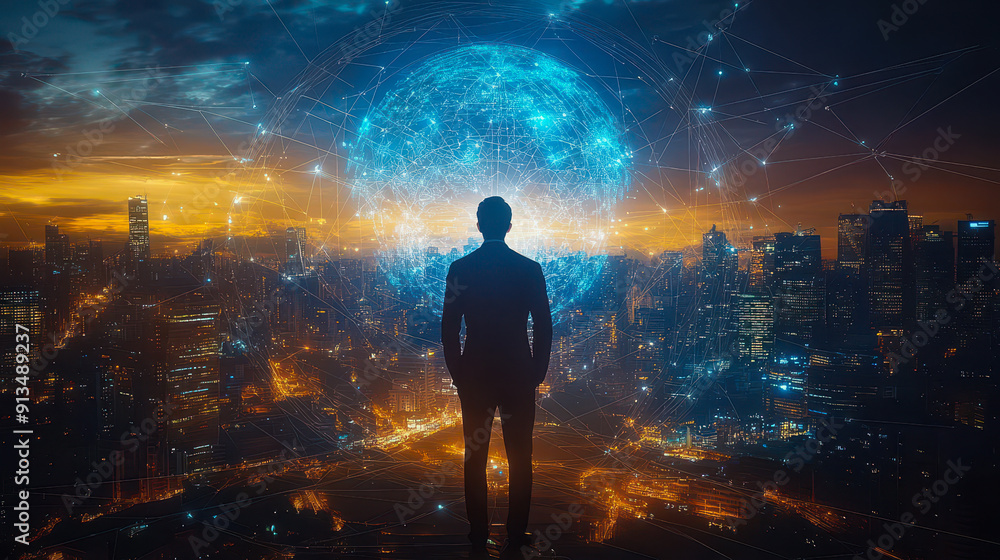Poster businessman overseeing global digital network connection in smart city at dusk conceptualizing globa