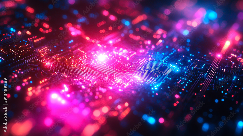 Poster futuristic abstract cyber technology circuit board in vibrant blue and pink colors depicting advance