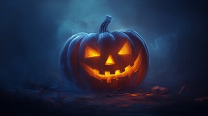 A spooky jack-o-lantern with a sinister grin on a foggy night background