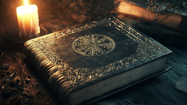 A witchs grimoire with ancient symbols on a candle-lit background