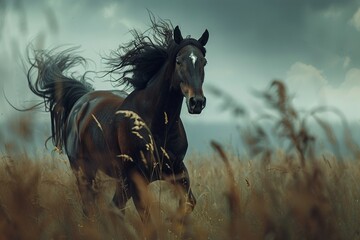 A horse galloping through a field with a flowing mane showcasing the speed and elegance of a new car model