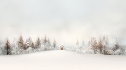 Obraz premium A snowy landscape with a cabin in the distance