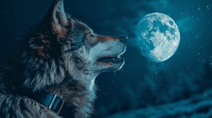 A wolf howling at the moon with a stylish watch on its paw advertising a new line of outdoor adventure gear