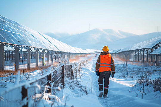  Construction worker walking through snow-covered solar field at industrial site