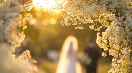 A bride and groom exchange vows framed by blooming flowers during a golden sunset